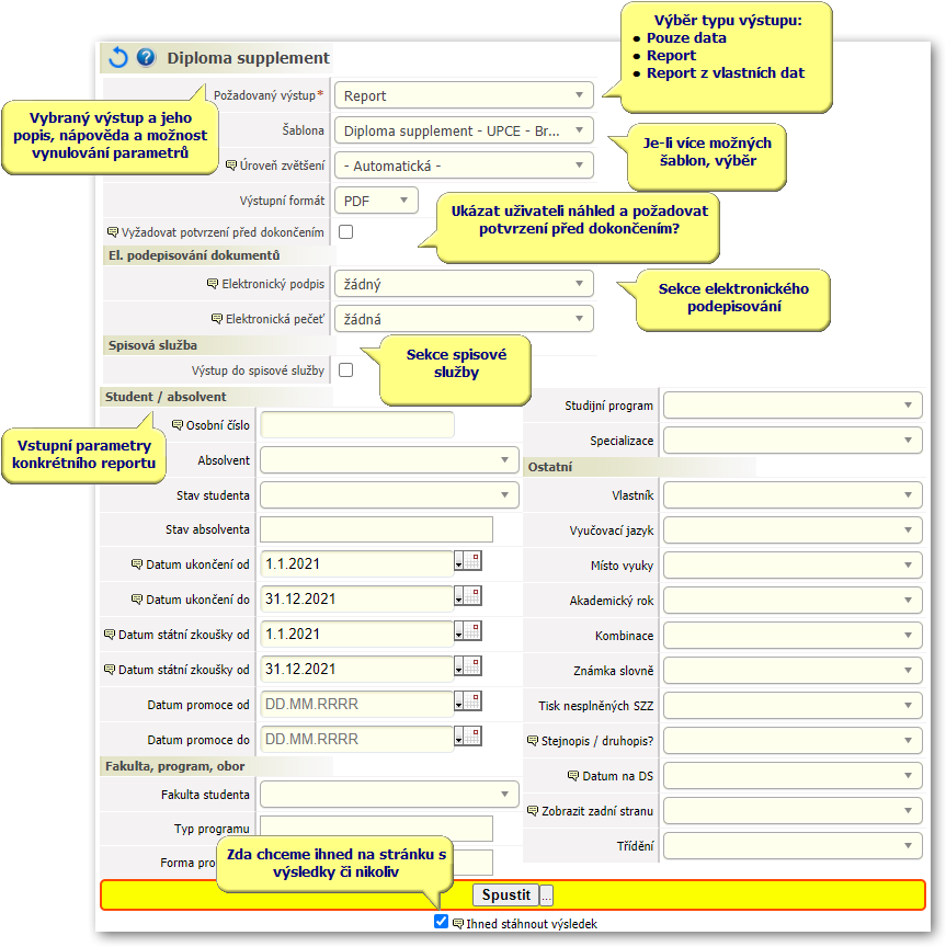 Parametry reportu
