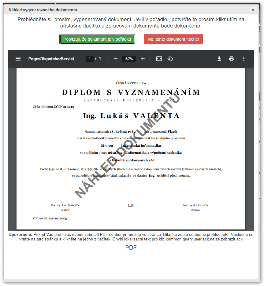 Náhled a potvrzení vygenerovaného dokumentu
