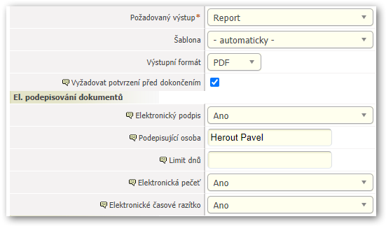 Možnosti el. podepisování ve formuláři pro zadání parametrů reportu