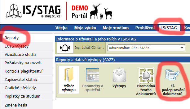 Možnosti el. podepisování ve formuláři pro zadání parametrů reportu