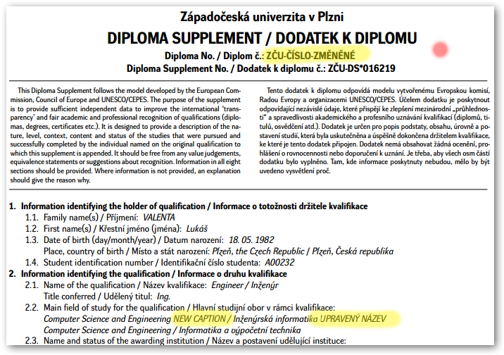 Vlastní Diploma Supplement se speciálními úpravami