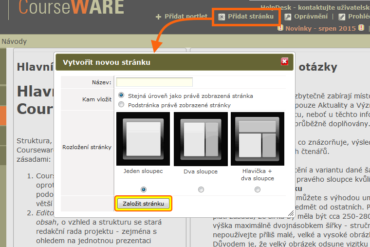 Vytvoření nové stránky