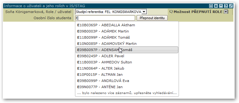 Přepnutí do identity studenta.