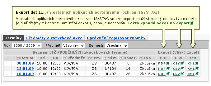 Exporty mimo prohlížení IS/STAG