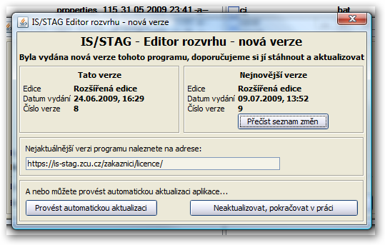Informace oznamující vydání nové verze