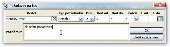 Přidání či úprava požadavku učitele