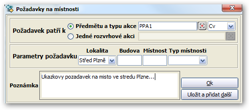 Přidání či úprava požadavku na místo výuky