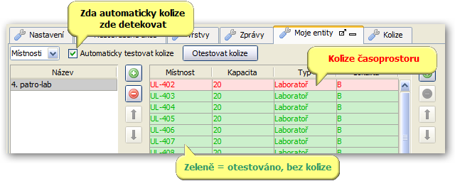 Zobrazení kolizí v nástroji Moje Entity — Místnosti