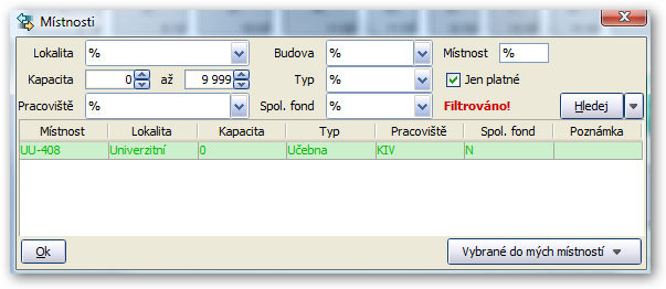Vyhledání místností pro akci, zobrazeny jen požadované místnosti
