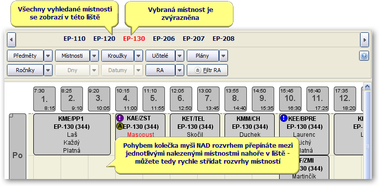 Vyhledané místnosti, přepínání