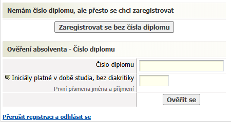 Absolvent - registrace přes číslo diplomu