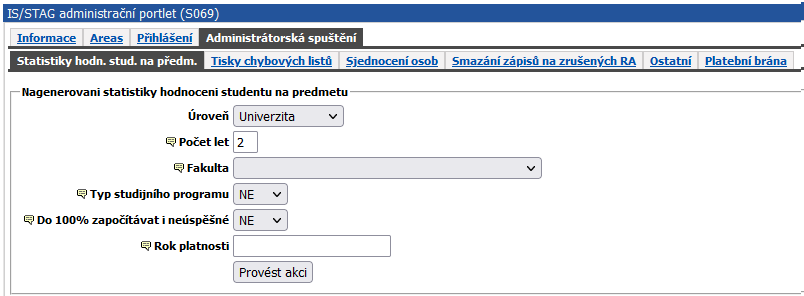 Záložka Administrátorská spuštění