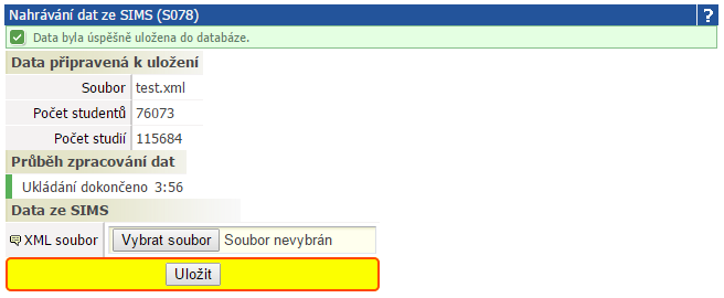 Úspěšné nahrání dat