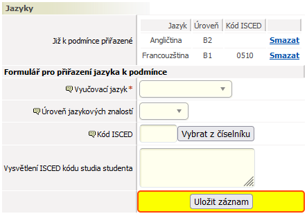 Formulář pro přiřazení jazyka k podmínce