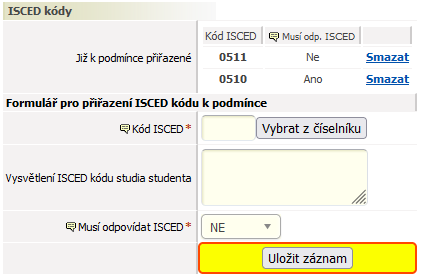 Formulář pro přiřazení ISCED kódu k podmínce