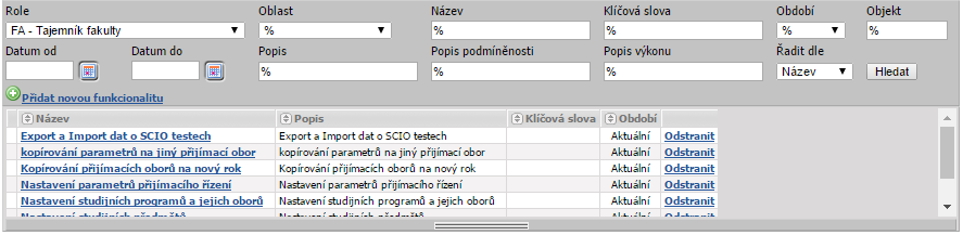 Filtr aplikace a seznam vyhledaných funkcionalit