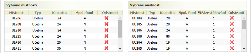 Vybrané místnosti pro přesun výuky