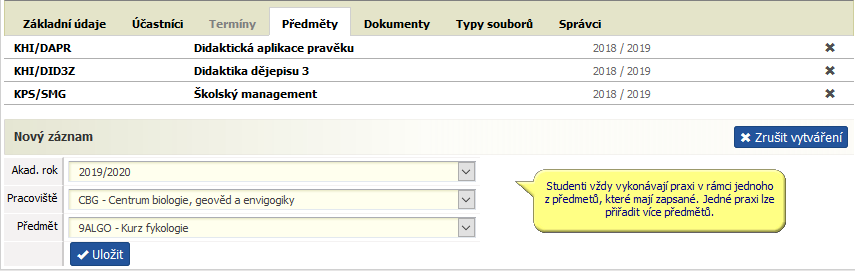 Předměty přiřazené k praxi