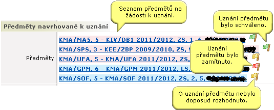 Seznam předmětů na žádosti o uznání