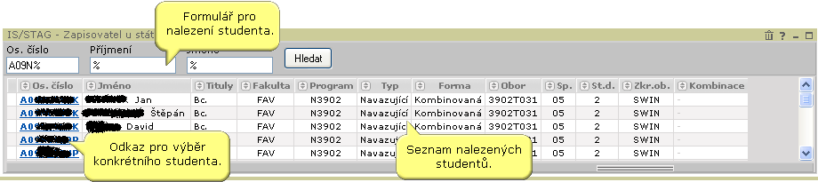 Vyhledání studenta