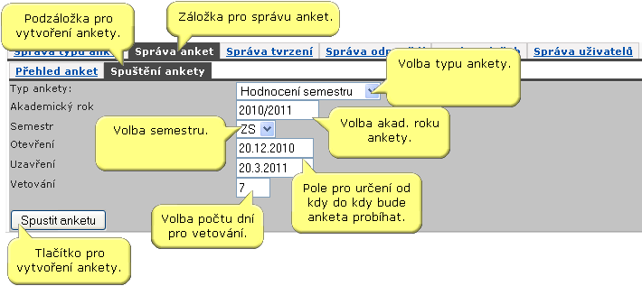 Formulář pro spuštění ankety studentského hodnocení kvality