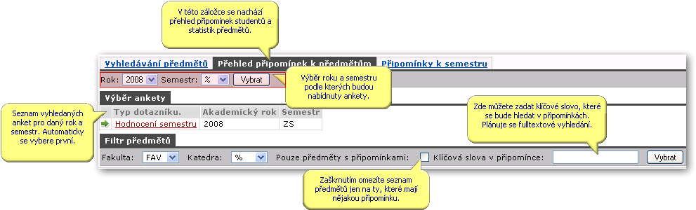 Zobrazení připomínek k předmětům