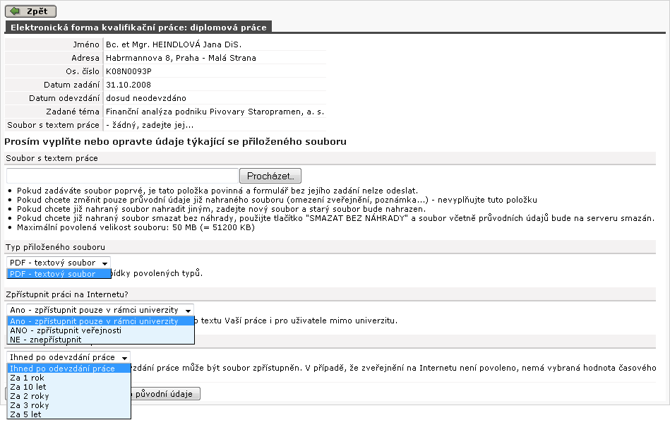 Vložení elektronické formy VŠKP do databáze IS/STAG