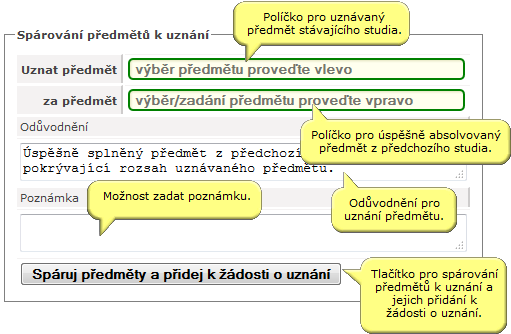 Formulář pro spárovní předmětů k uznání