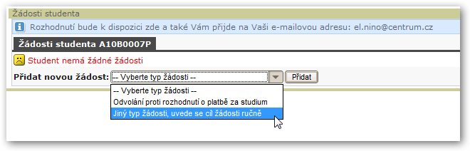 Výběr typu nové žádosti