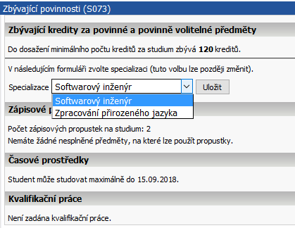 Zbývající povinnosti - výběr specializace