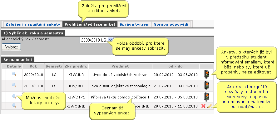 Prohlížení vypsaných anket.