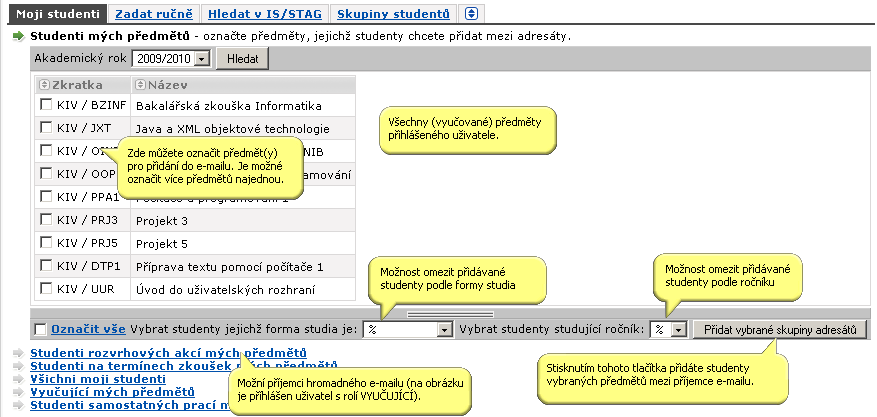 Záložka Moji studenti a její použití