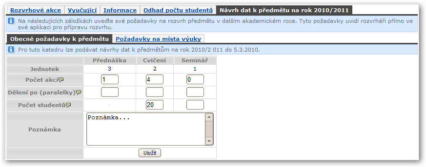 Obecné požadavky na předmět