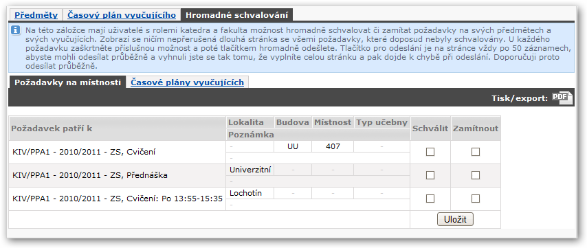 Hromadné schvalování požadavků na místa výuky
