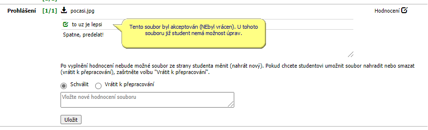 Akceptovaný soubor, student jej již nemůže měnit