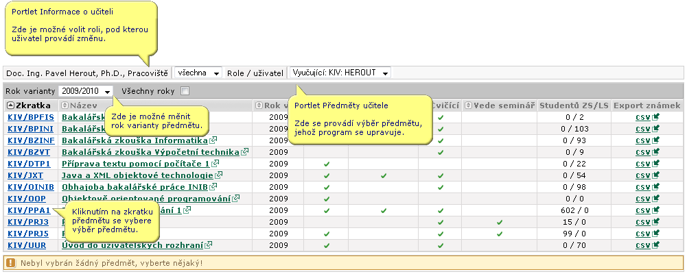 Program předmětu — bez vybraného předmětu k editaci