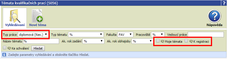 Zobrazení filtru pro roli student
