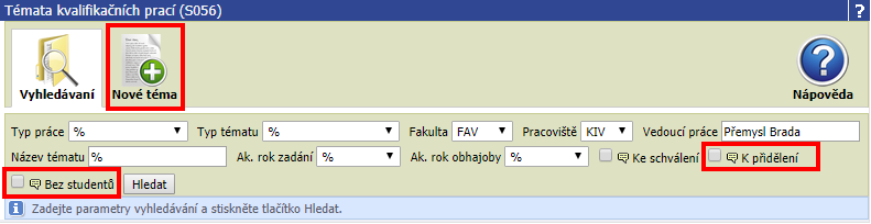 Zobrazení filtru pro roli vyučující