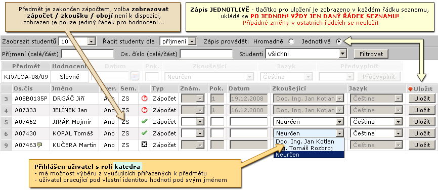 Popis omezujícího filtru formuláře pro vkládání hodnocení — druhá část.