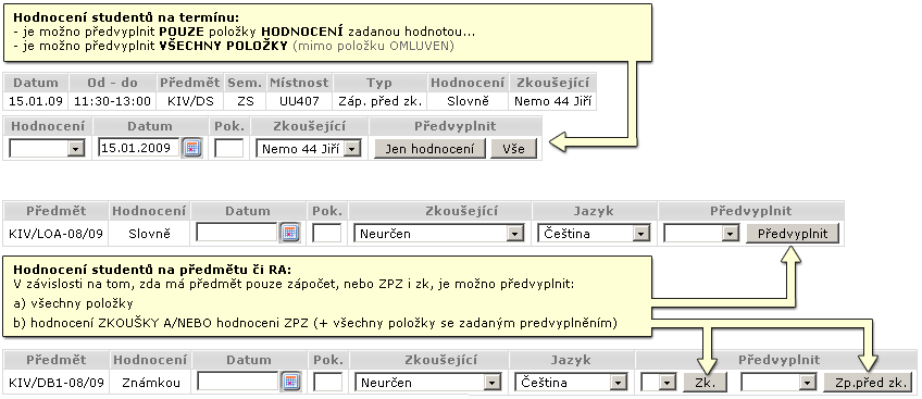 Možnosti předvyplnění položek formuláře pro vkládání hodnocení.