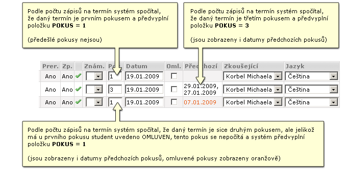 Zobrazení předešlých pokusů, předvyplněno číslo pokusu