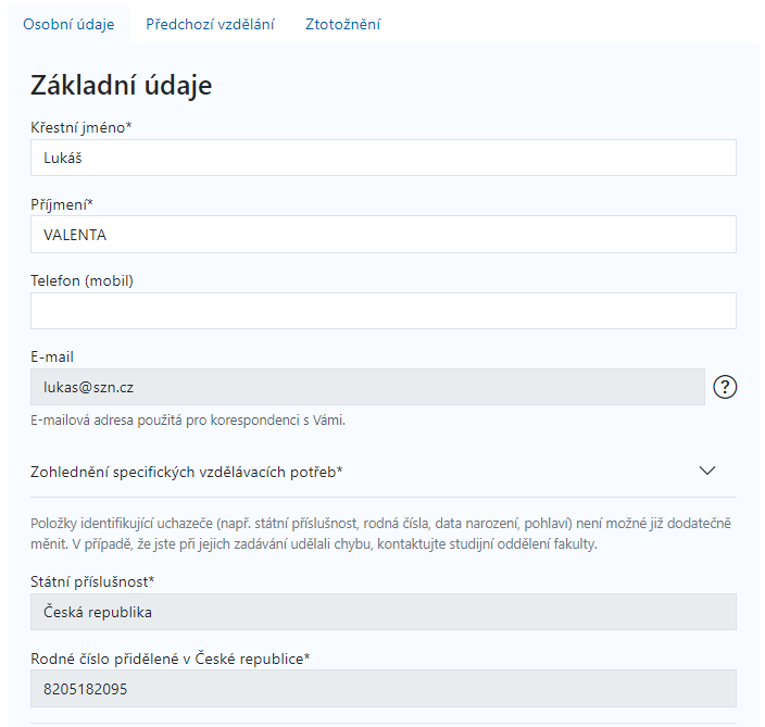 Základní údaje - v případě české státní příslušnosti
