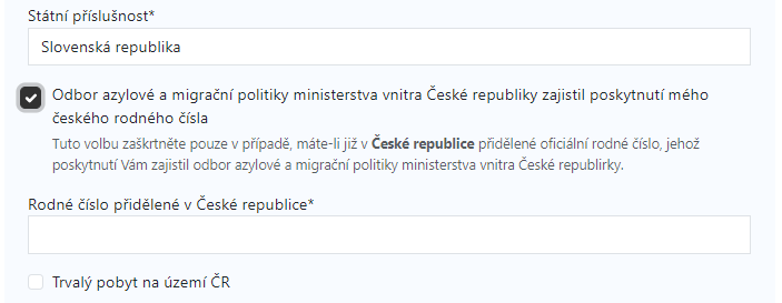 Základní údaje - v případě např. slovenské státní příslušnosti a zadání českého RČ