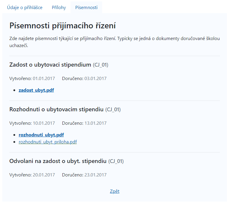 Písemnosti ve spisu uchazeče