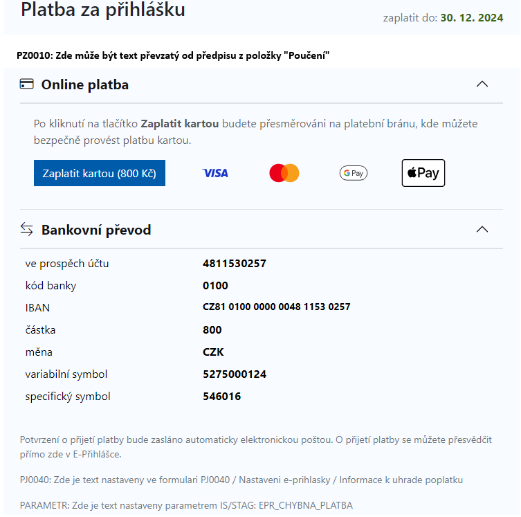 Možnosti platby v e-přihlášce