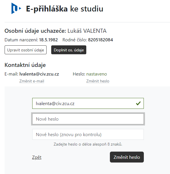 Možnost nastavení/změny hesla