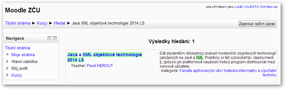Podoba kurzu v Moodle - kurz byl úspěšně založen. 