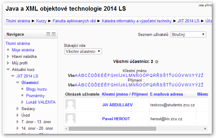 Podoba kurzu v Moodle - vyučující a studenti k němu byli přiřazeni (zde na ukázku 1 vyučující a 1 student). 